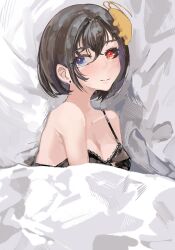 1girl bed black_camisole black_hair black_sclera blue_eyes breasts camisole cleavage closed_mouth colored_sclera dottovu earrings hair_between_eyes heterochromia highres indie_virtual_youtuber jewelry looking_at_viewer medium_breasts mismatched_sclera red_eyes searoach_otaku short_hair solo stud_earrings under_covers upper_body virtual_youtuber vu_(dottovu)