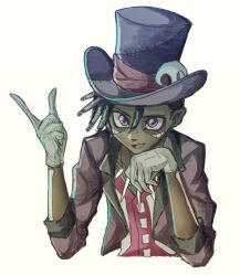 1boy black_hair cropped_jacket dark-skinned_male dark_skin dreadlocks gloves hat highres jacket kinoko_gamu looking_at_viewer male_focus pink_vest purple_eyes sam_(twisted_wonderland) short_hair simple_background solo top_hat twisted_wonderland upper_body very_short_hair vest yellow_background