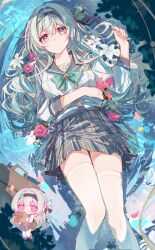 Rule 34 | 1girl, absurdres, aqua hair, black hairband, black sailor collar, black skirt, bow, bowtie, bright pupils, chibi, closed mouth, firefly (honkai: star rail), firefly (spring missive) (honkai: star rail), flower, gradient hair, green bow, green bowtie, grey hair, hair ornament, hairband, highres, honkai: star rail, honkai (series), long hair, long sleeves, looking at viewer, lying, multicolored eyes, multicolored hair, official alternate costume, on back, pink flower, sailor collar, school uniform, shirt, skirt, smile, thighhighs, white flower, white pupils, white shirt, white thighhighs, yajuu, zettai ryouiki