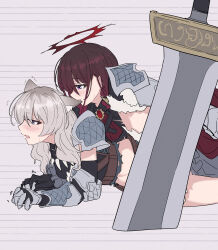 2girls animal_ears armor armored_boots armored_gloves biting biting_ear blue_eyes blush boots brown_hair cape chibi commentary_request convenient_censoring fingering girls_band_cry grey_eyes grey_hair grey_shorts halo highres iseri_nina kawaragi_momoka kemonomimi_mode long_hair low_twintails multicolored_hair multiple_girls open_mouth red_cape roots_(hair) short_hair short_twintails shorts shoulder_armor sweatdrop trembling twintails wolf_ears wolf_girl yun_cao_bing yuri