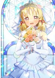 Rule 34 | 1girl, :d, bare shoulders, blonde hair, blush, bouquet, breasts, brown eyes, commentary request, commission, dress, elbow gloves, flower, frilled dress, frilled gloves, frills, gloves, holding, holding bouquet, kou hiyoyo, looking at viewer, moriya suwako, open mouth, rose, skeb commission, small breasts, smile, solo, stained glass, tiara, touhou, veil, wedding dress, white dress, white flower, white gloves, white rose, yellow flower, yellow rose