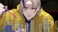 1boy blonde_hair breaking_bad chemistry dasdokter ear_piercing expressionless glass grey_hair holostars holostars_english jacket looking_at_viewer magni_dezmond meme mole mole_under_mouth multicolored_hair nail_polish piercing purple_hair purple_nails shirt solo streaked_hair virtual_youtuber walter_white white_shirt yellow_eyes yellow_jacket