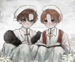 2boys aged_down ahoge axis_powers_hetalia beret book brothers brown_eyes brown_hair child cross cross_necklace day english_text flower fur_trim green_eyes grey_sky happy_birthday hat highres jewelry knees_up latin_cross male_focus mo1rn multiple_boys necklace northern_italy_(hetalia) open_book outdoors robe short_hair siblings sitting sky southern_italy_(hetalia)