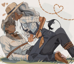 1boy 1girl black_pants blue_overalls bound bracelet brown_shoes commentary cow_boy cow_horns cow_tail english_commentary girl_on_top hat heart highres horns jewelry metaphor:_refantazio overalls pants ponytail protagonist_(metaphor:_refantazio) shirt shoes strohl_(metaphor:_refantazio) tail tied_up_(nonsexual) white_hair white_shirt zipsunz
