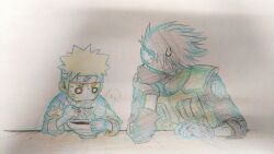 Rule 34 | 2boys, black gloves, blonde hair, bowl, colored pencil (medium), commentary request, eating, fingerless gloves, flak jacket, food, forehead protector, gloves, green vest, grey hair, hatake kakashi, head rest, headband, highres, jacket, konohagakure symbol, male focus, mask, mouth mask, multiple boys, naruto (classic), naruto (series), nishikawa takashi, noodles, o o, ramen, sketch, soup, steam, sweat, traditional media, uzumaki naruto, vest