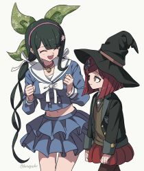 2girls :d arms_at_sides black_hair black_headwear black_jacket breasts brown_pantyhose chabashira_tenko clenched_hands cowboy_shot danganronpa_(series) danganronpa_v3:_killing_harmony from_side hair_ornament hair_ribbon hairband hairclip hands_up hat hosodayo jacket large_breasts layered_skirt long_hair long_sleeves looking_at_another midriff miniskirt mole mole_under_mouth multiple_girls navel open_mouth pantyhose pleated_skirt red_eyes red_hair red_skirt ribbon school_uniform serafuku shirt short_hair skirt smile stomach teeth twintails upper_teeth_only witch_hat yumeno_himiko