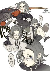 1boy absurdres aged_down aotsuki_eito armband black_gloves black_jacket black_shoes black_vest blade_to_throat blood blood_from_mouth blood_on_face blue_eyes book book_stack dated disappearoften glasses gloves grey_hair grey_shorts highres hole_in_chest hole_on_body jacket last_defense_academy_school_uniform male_focus multiple_views one_eye_closed school_uniform shirt shoes short_hair shorts signature simple_background sparkle spoilers suicide the_hundred_line_-last_defense_academy- tongue tongue_out vest white_armband white_background white_gloves white_shirt