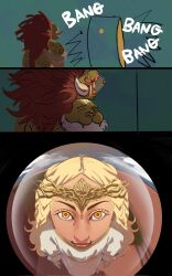 2boys arinqia armor blonde_hair brothers circlet commentary elden_ring elden_ring:_shadow_of_the_erdtree english_commentary fake_horns gold_armor gold_circlet gold_helmet gold_trim half-siblings helmet highres horned_helmet horns light_smile long_hair miquella_(elden_ring) multiple_boys promised_consort_radahn red_hair shoulder_armor siblings sleeveless_tunic smile tunic wavy_hair white_tunic yellow_eyes