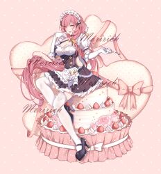 1girl absurdres apron black_dress blue_eyes breasts cake cleavage dress elbow_gloves elf elysia_(honkai_impact) elysia_(miss_pink)_(honkai_impact) elysia_(miss_pink_elf)_(honkai_impact) fake_horns food gloves high_heels highres holding holding_spoon honkai_(series) honkai_impact_3rd horns large_breasts long_hair maid maid_apron maid_headdress merchandise_available missing_commentary official_alternate_costume pink_background pink_hair pointy_ears pristinemori solo spoon strawberry_cake thighhighs white_gloves white_thighhighs