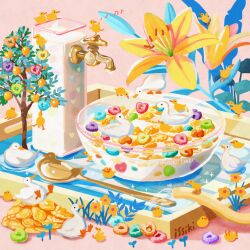 animal animal_focus artist_name baby_animal banana bird bowl chick cookie cream cup drinking_glass drinking_straw duck duckling eighth_note faucet flower food food_focus fruit glass heart honey issiki_toaki jar leaf milk milk_carton mixing_bowl musical_note no_humans orange_(fruit) orange_flower orange_slice original pink_background plant sparkle spoon sprinkles tree water watermark whisk yellow_flower