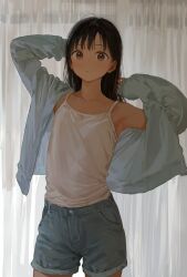 1girl absurdres akipeko black_hair blue_shorts brown_eyes closed_mouth cowboy_shot curtains denim denim_shorts highres long_hair looking_at_viewer original shirt shorts sleeveless sleeveless_shirt solo white_shirt