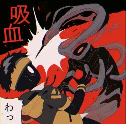 Rule 34 | 1boy, 1other, absurdres, black background, black skin, colored skin, drawstring, e-8ikari, faceless, faceless male, grey shirt, grey trim, headband, headless, highres, hooded shirt, incoming attack, monster, needle, original, red background, shirt, short hair, short sleeves, solid oval eyes, tentacles, two-tone background, two-tone shirt, very short hair, white eyes, yellow headband, yellow shirt