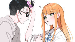 1boy 1girl ? black-framed_eyewear blue_ribbon blush commentary_request facing_another forehead gakuen_idolmaster glasses greyscale hair_ornament hair_scrunchie hetero idolmaster kasasagi_(futagodori888) looking_at_viewer loose_neck_ribbon mole mole_under_eye monochrome neck_ribbon orange_hair producer_(idolmaster) ribbon scrunchie shirt shiun_sumika simple_background straight_hair upper_body white_background white_shirt
