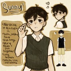 1boy antenna_hair black_eyes black_hair black_sweater_vest character_name closed_mouth collared_shirt english_text highres looking_at_viewer male_focus official_art_inset omori ottie_pops parted_lips reference_inset shirt short_hair short_sleeves solo sunny_(omori) sweater_vest white_shirt
