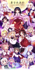 absurdres alice_margatroid animal_ears black_hair black_hairband blonde_hair blue_hair bow brown_hair dress fujiwara_no_mokou gohei green_hair hairband hakurei_reimu hat highres holding holding_gohei houraisan_kaguya imperishable_night inaba_tewi izayoi_sakuya japanese_clothes kamishirasawa_keine kimono kirisame_marisa konpaku_youmu long_hair maid_headdress medium_hair mini-hakkero mob_cap moon mystia_lorelei nanakusagayu_(7_kusagayu) pants pink_hair purple_hair rabbit_ears red_bow reisen_udongein_inaba remilia_scarlet ribbon saigyouji_yuyuko shanghai_doll shirt short_hair skirt tabard touhou white_hair witch_hat wriggle_nightbug yagokoro_eirin yakumo_yukari