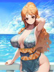 Rule 34 | 1girl, alternate costume, arm support, armpits, blue dress, blue sky, breasts, brown eyes, cleavage, closed mouth, cloud, curvy, day, dress, female focus, high ponytail, japanese clothes, kimono, large breasts, letdie1414, nami (one piece), nami (one piece) (wano), no bra, no panties, obi, ocean, official alternate costume, one piece, orange hair, outdoors, pelvic curtain, ponytail, railing, raling, revealing clothes, sash, sky, sleeveless, sleeveless kimono, smile, thighs, water, wide hips