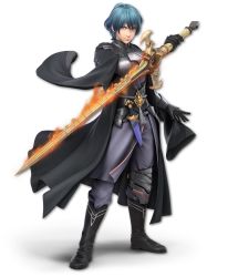 1boy 3d aqua_hair artist_request black_boots black_coat black_gloves blue_eyes boots male_byleth_(fire_emblem) closed_mouth coat dagger expressionless fire fire_emblem fire_emblem:_three_houses flaming_sword flaming_weapon full_body gloves grey_pants grey_shirt hand_up highres holding holding_sword holding_weapon knife long_sleeves looking_at_viewer male_focus nintendo official_art pants sheath sheathed shirt short_hair simple_background solo standing super_smash_bros. sword sword_of_the_creator transparent_background vambraces weapon