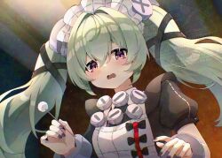 1girl absurdres blush breasts corin_wickes green_hair hair_between_eyes highres looking_at_viewer maid maid_headdress medium_breasts mimikaki open_mouth puffy_sleeves purple_eyes screw_hair_ornament solo twintails uni_(maru231) zenless_zone_zero