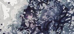 1girl alternate_color black_bra black_gloves black_hair black_pantyhose bow bowtie bra camisole creatures_(company) cross cursola floating flower game_freak gen_8_pokemon gloves hair_flower hair_ornament hibi89 latin_cross leg_ribbon legs_up long_hair looking_at_viewer low_twintails messy_hair nintendo own_hands_clasped own_hands_together pantyhose personification pokemon purple_eyes ribbon shiny_pokemon shoes solo twintails underwear veil very_long_hair white_bow white_bowtie white_camisole white_ribbon white_shoes