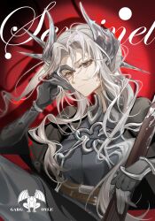 Rule 34 | 1girl, absurdres, belt, black cape, black gloves, black jacket, brown belt, cape, character name, gloves, grey hair, gun, hair ornament, hand on own head, highres, jacket, long hair, looking at viewer, military uniform, red background, red eyes, reverse:1999, rifle, sentinel (reverse:1999), shadow, solo, spotlight, upper body, weapon, xixifusi de hualun