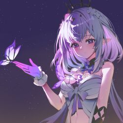 1girl absurdres black_tiara breasts bug butterfly butterfly_on_hand castorice_(honkai:_star_rail) commentary_request dress flower gloves hair_flower hair_ornament hi_i_dubu highres honkai:_star_rail honkai_(series) insect korean_commentary large_breasts long_hair looking_at_viewer night night_sky pointy_ears purple_eyes purple_gloves purple_hair sky solo tiara upper_body white_dress