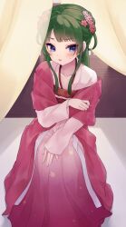 1girl averting_eyes bed blue_eyes blush canopy_bed chinese_clothes closed_mouth flat_chest flower full_body green_hair hair_flower hair_ornament hanfu kusuriya_no_hitorigoto lipstick makeup maomao_(kusuriya_no_hitorigoto) ohanitier pink_hanfu sitting solo sweatdrop