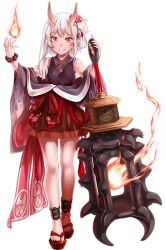 1girl artist_request bad_source bare_legs bare_shoulders bracelet breasts demon_horns fire flower full_body game_cg hair_flower hair_ornament holding holding_mace holding_weapon horns huge_weapon japanese_clothes jewelry kibahime_(sennen_sensou_aigis) mace official_art red_eyes sandals sennen_sensou_aigis solo third-party_source transparent_background weapon white_hair