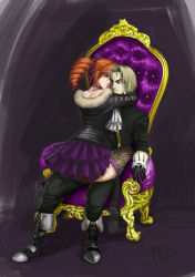 1boy 1girl amy_sorel arm_around_neck artist_name blonde_hair boots choker drawfag drill_hair father_and_daughter fishnets fur_trim gothic_lolita hair_intakes hetero incest knee_boots lolita_fashion mario_grant namco pale_skin raphael_sorel red_hair signature sitting sitting_on_lap sitting_on_person soul_calibur soulcalibur soulcalibur_iv thighhighs throne twin_drills twintails