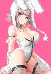 1girl animal_ears animal_hood bare_shoulders breasts brown_hair closed_mouth danganronpa_(series) danganronpa_2:_goodbye_despair detached_collar fake_animal_ears fishnet_thighhighs fishnets highres hood large_breasts leotard mole mole_on_breast nanami_chiaki neck_ribbon pink_background pink_eyes pink_ribbon playboy_bunny rabbit_ears rabbit_hood ribbon samebousii shiny_skin simple_background smile solo spaceship_hair_ornament thighhighs white_leotard