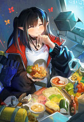1girl :t arknights bag belt_collar black_hair black_jacket blush bottle chinese_commentary chopsticks closed_eyes closed_mouth closure_(arknights) collar commentary_request commission dated drone eating flower food fork hair_between_eyes hands_up highres holding holding_food holding_fork holding_plate jacket jar long_hair long_sleeves monitor mush open_clothes open_jacket plastic_bag plate pointy_ears red_collar red_jacket shirt smile solo soup swept_bangs table two-sided_fabric two-sided_jacket two_side_up upper_body white_shirt zipper
