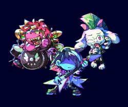 1boy 1girl 1other animal_ears blue_skin colored_skin colored_teeth commentary deltarune drum drum_set drumsticks english_commentary furry furry_male goat_boy goat_ears goat_horns green_hair holding holding_drumsticks holding_microphone horns instrument jumpingwjoy kris_(dark_world)_(deltarune) kris_(deltarune) kris_(lightners_live)_(deltarune) microphone mohawk multicolored_hair official_alternate_costume open_mouth playing_drum ralsei ralsei_(lightners_live) smile susie_(dark_world)_(deltarune) susie_(deltarune) susie_(lightners_live)_(deltarune) yellow_teeth