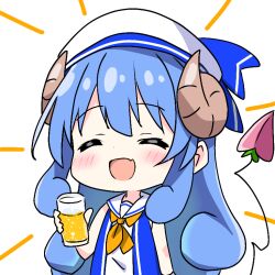 1girl :d alcohol alternate_costume alternate_hair_color bare_arms beer blue_hair blue_ribbon blue_shirt blush brown_horns closed_eyes commentary_request cup curled_horns curly_hair demon_girl demon_tail dot_nose facing_viewer fang hat hat_ribbon holding holding_cup horns kotatsu-mazoku lilith_(machikado_mazoku) lilith_(machikado_mazoku)_(homunculus) long_hair machikado_mazoku open_mouth ribbon sailor_collar shirt sidelocks simple_background skin_fang sleeveless sleeveless_shirt smile solo tail upper_body white_background white_hat white_sailor_collar