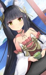 1girl :o animal_ear_fluff animal_ears azur_lane bare_shoulders black_hair blush cup day detached_cape dress dutch_angle fox_ears fox_girl hair_ornament highres island kotatsu long_hair looking_at_viewer nagato_(azur_lane) ocean outdoors red_dress regress smile solo table teacup very_long_hair water yellow_eyes