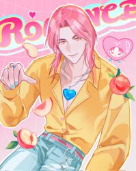 Rule 34 | 1boy, aqua nails, chibi, collarbone, denim, earrings, english text, food, fruit, heart, heart necklace, highres, jeans, jewelry, kpop demon hunters, light smile, long hair, looking at viewer, luxu804, male focus, necklace, open clothes, open shirt, pants, parted bangs, peach, pink hair, ring, romance (kpop demon hunters), shirt, solo, upper body, yellow shirt