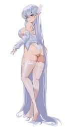 1girl absurdres albion_(a_fairy-tale_breakfast)_(azur_lane) albion_(azur_lane) ass azur_lane blue_eyes blue_hair breasts butt_crack from_behind highres lace lace-trimmed_thighhighs lace_trim large_breasts light_blush long_hair looking_at_viewer looking_back official_alternate_costume panties parted_lips pointy_ears she_taizi shirt simple_background solo thighhighs underwear very_long_hair white_background white_panties white_shirt white_thighhighs