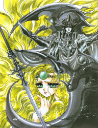 1990s_(style) 1boy 1girl absurdly_long_hair absurdres armor blonde_hair circlet clamp cloak closed_eyes emeraude_(rayearth) green_eyes highres holding holding_sword holding_weapon lips long_hair magic_knight_rayearth non-web_source official_art retro_artstyle scan sword very_long_hair weapon zagato zagato_(rayearth)