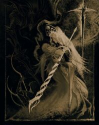 Rule 34 | 1girl, baby, black border, border, bracer, carrying, carrying baby, carrying person, cruentum noctis, dalachi (headdress), design speculation, dress, elden ring, gloam-eyed queen, godskin apostle, godslayer&#039;s greatsword (elden ring), great rune (elden ring), high collar, highres, holding, holding sword, holding weapon, limited palette, long sleeves, maliketh the black blade, mandarin collar, monochrome, sword, torn clothes, veil, weapon