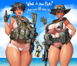 2girls absurdres ammunition_pouch assault_rifle beer_can bikini black_bikini black_hair blue_sky boonie_hat breasts bulletproof_vest cameltoe camouflage_headwear can chest_rig cloud collarbone cowboy_shot drink_can english_text gloves green_gloves gun gun_sling hair_between_eyes hand_on_own_hip hand_up highres hitch_(perotoss) large_breasts laser_sight looking_at_viewer m4_carbine mechanix_wear medium_hair multiple_girls navel open_mouth optical_sight original outdoors paid_reward_available pouch purple_eyes rifle sergeant_joo sharp_teeth short_hair sky slit_pupils suppressor swimsuit tan tanline teeth tongue vertical_foregrip water weapon wet white_bikini yellow_eyes
