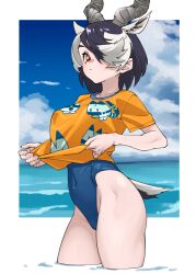1girl antelope_ears antelope_horns bare_arms bare_legs black_hair black_one-piece_swimsuit blackbuck_(kemono_friends) blue_sky character_print clothes_lift cloud commentary covered_navel cowboy_shot day hair_over_one_eye highleg highleg_one-piece_swimsuit highres horns kemono_friends looking_at_viewer lucky_beast_(kemono_friends) multicolored_hair one-piece_swimsuit orange_shirt outdoors red_eyes shirt shirt_lift short_hair short_sleeves sky solo swept_bangs swimsuit swimsuit_under_clothes tail tanabe_(fueisei) two-tone_hair wading water white_hair