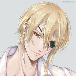 Rule 34 | 1boy, artist name, blonde hair, closed mouth, collared shirt, commentary, english commentary, eyepatch, grey background, hair between eyes, henoopd, lips, looking at viewer, male focus, portrait, red eyes, shirt, short hair, solo, white shirt, william james moriarty, yuukoku no moriarty