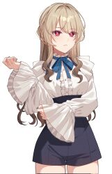 1girl blonde_hair blue_bow blue_bowtie bow bowtie breasts collar collared_shirt frilled_collar frilled_shirt frilled_sleeves frills high-waist_shorts highres long_hair medium_breasts original pochimaru_(marumaru_wanwan) red_eyes shirt shorts sidelocks solo standing thigh_gap very_long_hair white_background white_shirt