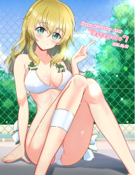 1girl 2024 arm_support bare_arms bare_legs bare_shoulders bikini blonde_hair blush breasts carpaccio_(girls_und_panzer) chain-link_fence character_name cleavage closed_mouth cloud collarbone commentary_request dated day english_text fence girls_und_panzer green_eyes hair_between_eyes happy_birthday highres kumaisao legs long_hair looking_at_viewer medium_breasts outdoors pool poolside shiny_skin sidelocks sitting sky smile solo swimsuit thighs translation_request tree wavy_hair white_bikini