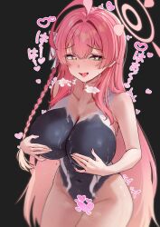 Rule 34 | 1girl, ^^^, absurdres, ahoge, black background, blue archive, blush, bodypaint, bow, braid, breasts, cleavage, coke0502, collarbone, commentary, completely nude, covering breasts, covering privates, green eyes, groin, hair bow, halo, hanako (blue archive), heart, heavy breathing, highres, huge breasts, long hair, navel, nude, open mouth, pink hair, pink halo, saliva, simple background, smile, solo, stomach, sweat, thighs, tongue, translation request, white bow