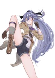 Rule 34 | 1girl, arin (1010 ssu), ascot, attack, belt, belt bag, black ribbon, black shorts, blue eyes, blue hair, boots, bow, brown bag, brown belt, brown boots, brown bow, brown gloves, brown jacket, clenched hand, clenched teeth, detective, fu hua, fu hua (hawk of the fog), fu hua (valkyrie accipiter), gloves, grey hair, grey socks, hair between eyes, hair ribbon, hairband, hand up, high kick, high ponytail, highres, honkai (series), honkai impact 3rd, jacket, kicking, leg up, long hair, long sleeves, martial arts, monocle, off shoulder, official alternate costume, open clothes, open jacket, ponytail, purple ascot, purple rope, ribbon, rope, shirt, shorts, simple background, socks, solo, standing, standing on one leg, teeth, thighs, v-shaped eyebrows, white background, white shirt