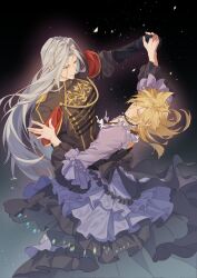 2boys aiguillette arm_up black_background black_gloves black_jacket blonde_hair closed_eyes cloud_strife cloud_strife_(ball_gown) crossdressing dancing dress elbow_gloves embarrassed final_fantasy final_fantasy_vii final_fantasy_vii_ever_crisis final_fantasy_vii_remake formal_clothes frilled_dress frills gloves grey_hair hand_on_another&#039;s_arm hand_on_another&#039;s_back highres holding_hands jacket light_blush light_particles light_smile long_bangs long_hair looking_at_another male_focus military_jacket military_uniform multiple_boys npicy official_alternate_costume official_alternate_hairstyle parted_bangs puffy_short_sleeves puffy_sleeves purple_dress sephiroth sephiroth_(shinra_formal_uniform) short_sleeves shoulder_boards spiked_hair upper_body very_long_hair yaoi