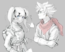 &gt;:( 1boy 1girl annoyed belt blood blood_on_face blue_eyes breasts closed_mouth commentary_request cropped_torso crossed_arms dirty dirty_face dragon_quest dragon_quest_builders_2 earrings female_builder_(dqb2) from_side frown gloves gold_earrings green_eyes grey_background greyscale highres injury jewelry long_hair looking_at_viewer loose_hair_strand male_builder_(dqb2) monochrome neckerchief nomo96 profile red_neckerchief scarf scratches shirt short_hair simple_background sketch sleeveless sleeveless_shirt sleeveless_turtleneck small_breasts spiked_hair spot_color turtleneck turtleneck_shirt twintails v-shaped_eyebrows