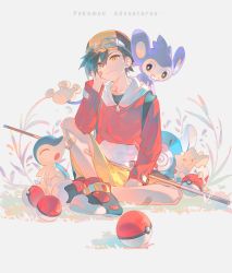 Rule 34 | 1boy, aipom, backwards hat, bakutiku, bandaid, bandaid on face, bandaid on leg, baseball cap, black hair, black shirt, closed mouth, commentary, copyright name, cyndaquil, ethan (pokemon), gen 1 pokemon, gen 2 pokemon, hat, head rest, highres, jacket, long sleeves, male focus, nintendo, poke ball, poke ball (basic), pokemon, pokemon (creature), pokemon adventures, poliwag, red jacket, shirt, shoes, short hair, shorts, sitting, smile, sneakers, togepi, yellow shorts, zipper pull tab