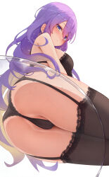 1girl absurdres against_glass ass ass_on_glass ass_press black_bra black_garter_straps black_panties black_thighhighs blonde_hair blue_eyes blush bra breasts closed_mouth commentary commission ear_blush earrings english_commentary from_below garter_straps glass gradient_hair highres hololive hololive_indonesia jewelry lace lace-trimmed_thighhighs lace_trim large_breasts lingerie long_hair looking_at_viewer moona_hoshinova multicolored_hair panties pink_hair purple_hair pussy_on_glass shironekokfp simple_background sitting solo sweat thighhighs thighs underwear virtual_youtuber white_background yellow_eyes