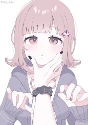 2girls black_nails breasts brown_hair collared_shirt danganronpa_(series) danganronpa_2:_goodbye_despair flipped_hair galaga hair_ornament highres hood jacket long_sleeves looking_at_viewer medium_hair multiple_girls nail_polish nanami_chiaki neck_ribbon open_clothes open_jacket pink_eyes pink_ribbon ribbon rrr_(0o73_rrr) shirt skirt solo_focus white_shirt