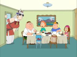 3boys 3girls animal_ears baseball_cap beanie bespectacled blonde_hair blue_bow blue_shirt bow bowtie brian_griffin brown_hair ceiling_light chair chris_griffin commentary curtains dining_room dog doorway eating english_commentary expressionless eyewear_on_head family_guy food_in_mouth full_body glasses gold_ship_(umamusume) green_pants grey_hair hat horse_ears horse_girl horse_tail indoors littleclevie lois_griffin long_hair looking_at_another meg_griffin multiple_boys multiple_girls painting_(object) pants peter_griffin pillbox_hat pink_hat red_bow red_bowtie round_eyewear screenshot_background seth_macfarlane_(style) shirt short_hair sitting stewie_griffin table tablecloth tail tall_female umamusume white_shirt wooden_chair